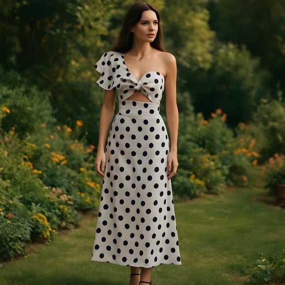 Elegant Black and White Polka Dot Dress - Picture 2 of 5